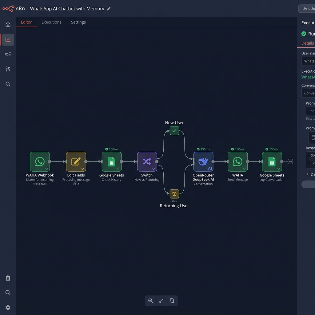 WhatsApp AI Chatbot with Memory workflow screenshot